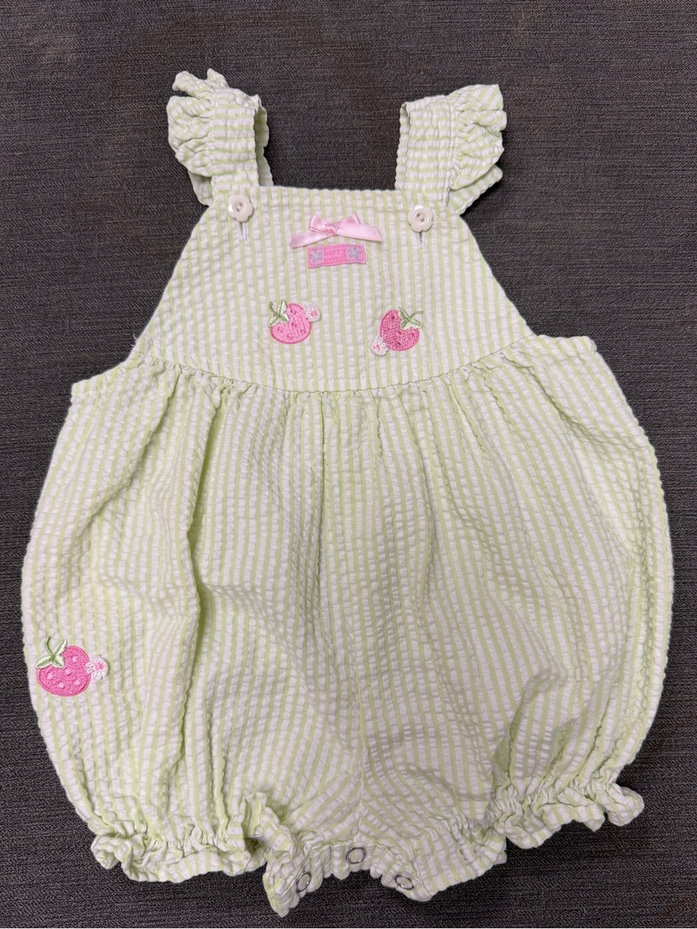Class Club Light Green and White Seersucker Baby Romper with Pink Appliqué
